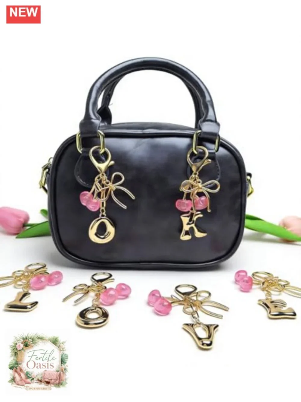 Gold Plated Initial Keychain with Bow and Cherry Charms - Trendy Bag Purse